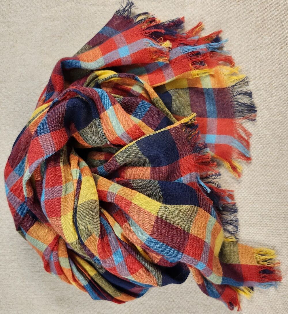 American Eagle Plaid Scarf Wrap Red Blue Yellow Tassel Fringe Lightweight Beach